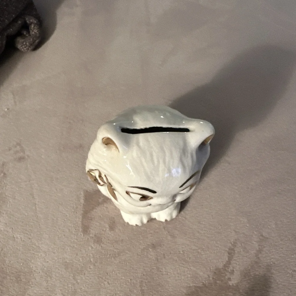 Vintage Pocelain/ Ceramic Mini Cat Fingurine White W/ Gold Accents piggy bank